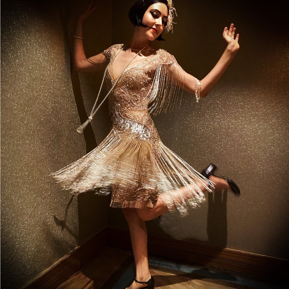 1920 Flapper Dress, Blush Gold Gatsby Style Beaded Cocktail Dress, Size 2